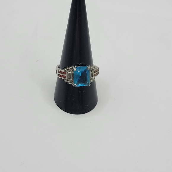 Vintage Silver tone Statement blue and orange glass ring